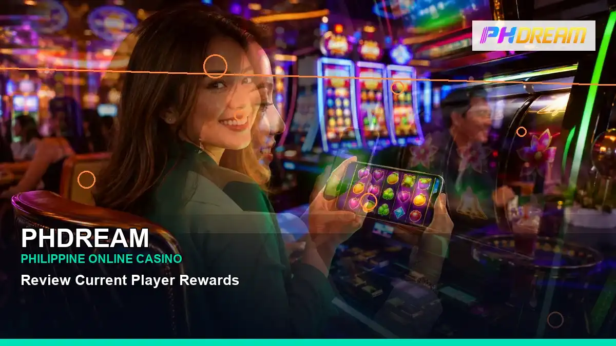PHDREAM casino cashback rewards featuring an adult Filipina casino host with a layered collage composition — view 2